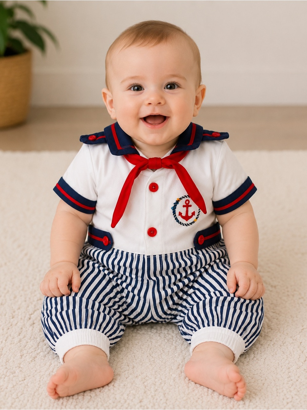 Vintage Mini Togs Sailor Romper 0-14 Lbs Nautical Baby Outfit Anchor Snap Crotch